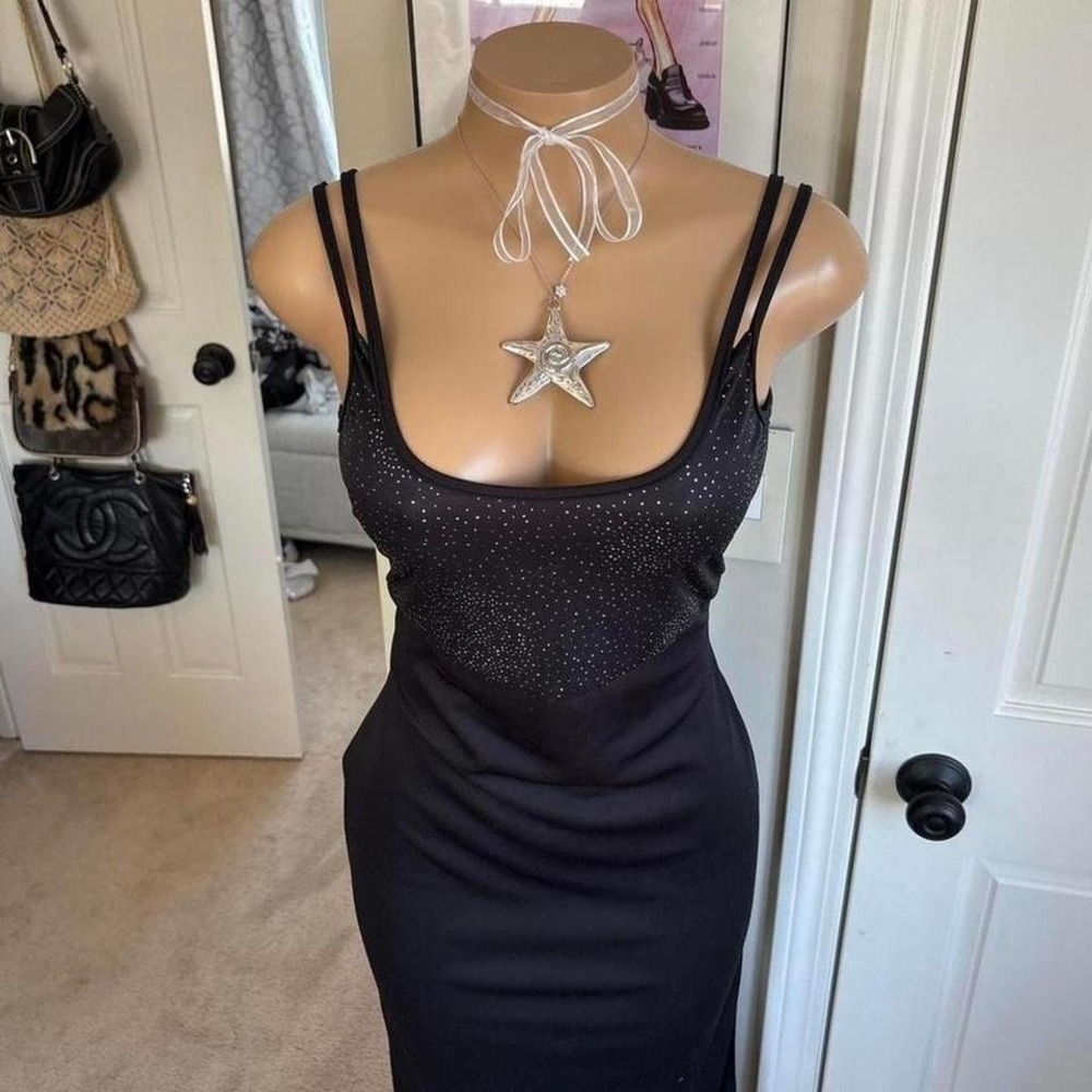Y2K 2000s whimsygoth mcbling Black Rhinestone bodycon gown